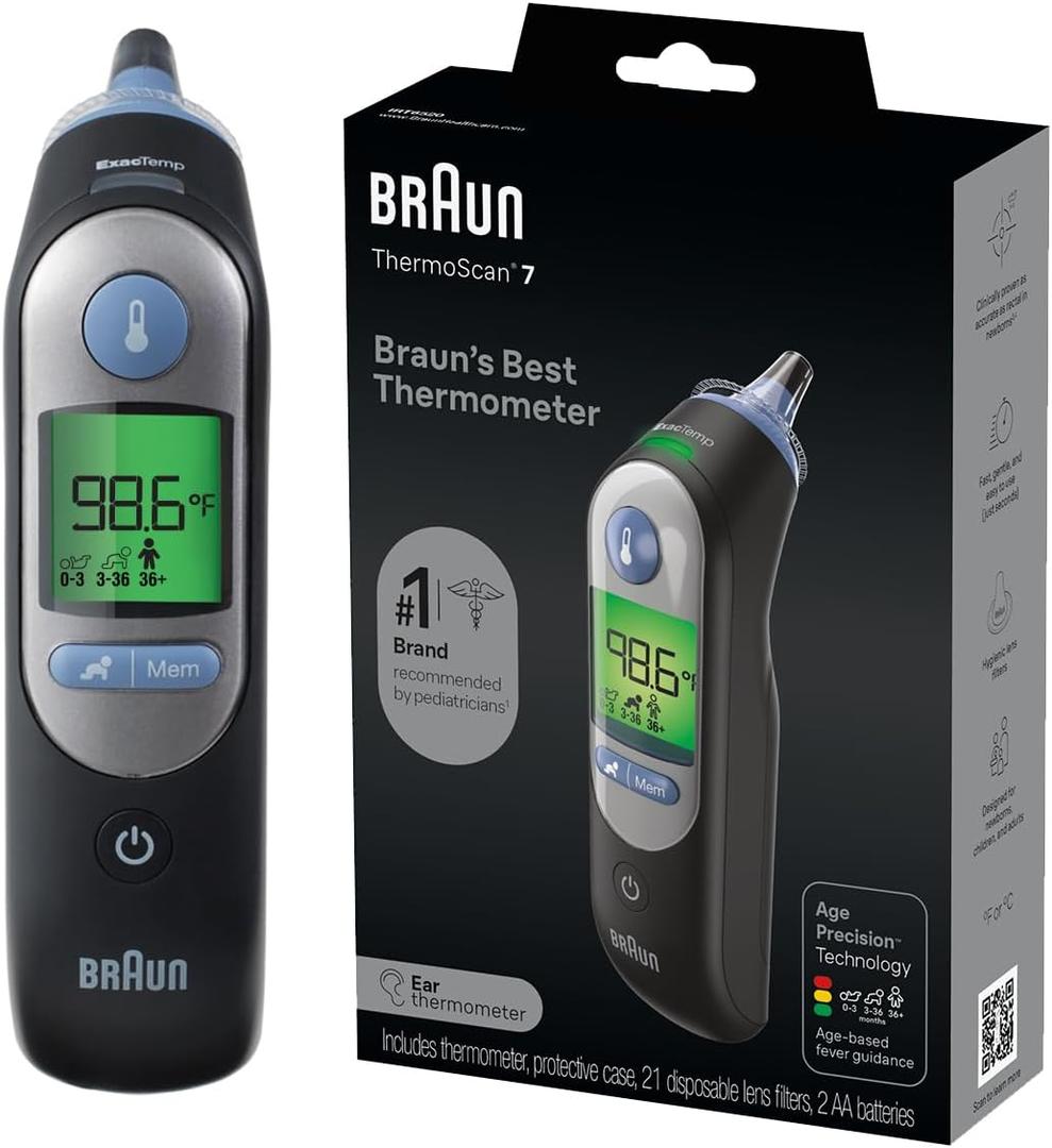 Braun ThermoScan 7 Digital Ear Thermometer for Adults, Babies & Infants, Age-Adjusted Fever Guidance, (Black)