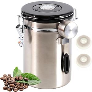 SUEIANNMN1.8L Coffee Canister Airtight, 26oz Coffee Storage Container Stainless Steel Air Tight Coffee Jar with Scoop, Date Tracker, 2 Extra CO2 Release Valve for Beans Ground Tea Flour Sugar (Sliver)