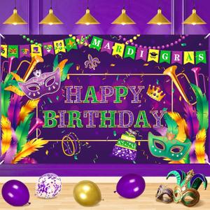 Mardi Gras Birthday Party Decorations Large Mardi Gras Birthday Banner Purple Happy Bday Backdrop for Carnival New Orleans Masquerade Bday Party Supplies 70.8 x 43.3 inch