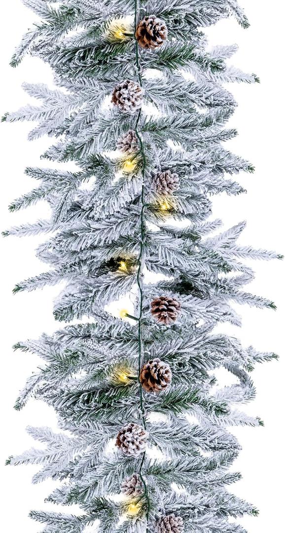 Ciaell 9FT Real Touch Christmas Flocked Garland - Artificial Norfolk Pine Flocked Garland with 50 Warm White LED Lights and Pine Cones for Table, Mantle, Wall, Indoor, Outdoor Christmas Decorations