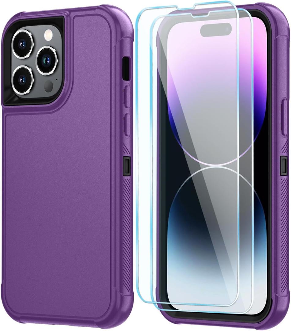 SunStory Compatible with iPhone 14 Pro Case with HD Screen Protector, 3-Layer Heavy Duty Full-Body Cover,3 in 1 Hybrid Protective Case for iPhone 14 Pro 6.1", Purple