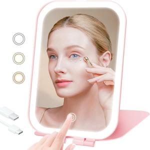 Travel Makeup Mirror, Portable Mirror with 3 Adjustable Light Settings, USB-Rechargeable Vanity Mirror with LightsGift for Women and Girls (Pink)