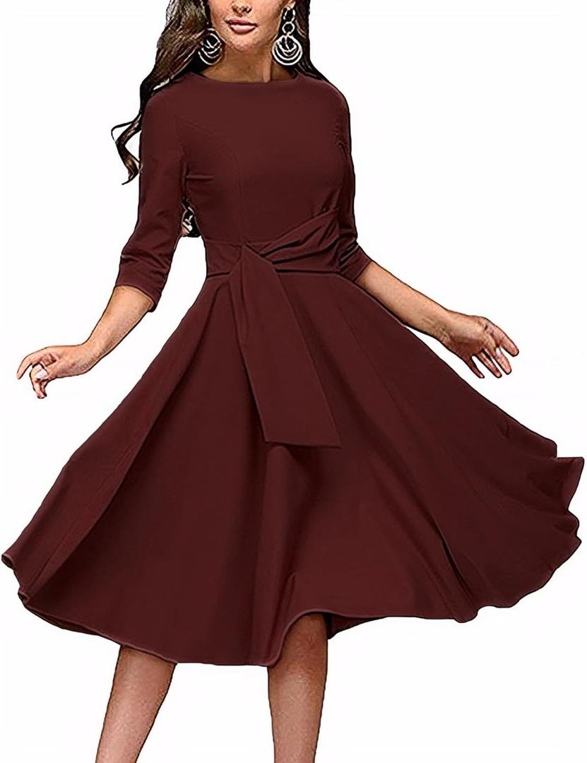 FENJAR Women's Formal Dresses Casual Wedding Guest Church Work Elegance Audrey Hepburn Style A-line Midi Dress(Z-Burgundy-S)
