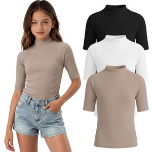 3 Pack Girls' Shirts Teen Summer Tops Mock Turtleneck Slim Fit Ribbed Half Sleeve Fashion Tees Kids Clothes Trendy (Teal)