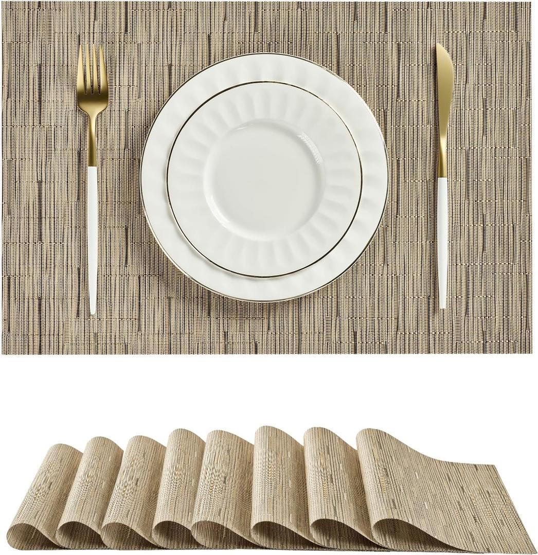 Leetaltree Light Brown Placemats Set of 8 - Heat Resistant Non-Slip Place mats for Dining Table, Washable Durable PVC Vinyl Woven Table MatsLight Brown, 8