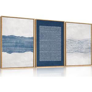 Large Abstract Navy Blue and White Framed Canvas Wall Art Set,Modern Neutral Geometric Waves Lines Dots Wall Decor,Mid Century Minimalist Boho Artwork for Living Room,Bedroom,Office- 24"x36"x3