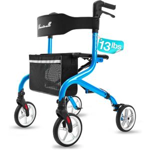 Super Lightweight Rollator Walker for Seniors, Foldable Rolling Walker with Seat and 8" Rubber Wheels for All Terrain, Unique Design Aluminium Frame Sturdy Walkers for Traveling - Blue