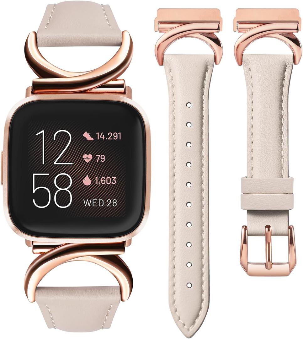 Minyee Leather Band Compatible with Fitbit Versa 2/Fitbit Versa/Versa Lite Bands Women, Slim Thin Dressy Designer Premium Leather Strap with C-Shape Metal Buckle for Versa 2 Smartwatch Accessories