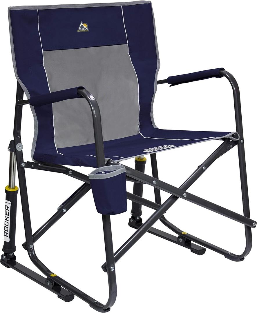 GCI OUTDOOR Freestyle Rocker Camping Chair | Portable Folding Rocking Chair with Solid, Durable Armrests, Drink Holder & Comfortable Backrest  Indigo Blue (Indigo Blue)