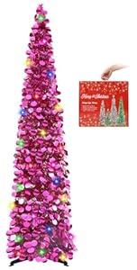 MACTING Pop Up Christmas Tree with 50 LED Lights 5FT Collapsible Tinsel Pencil Tree Easy-Assembly Coastal Glitter Artificial Tree for Porch Apartment Corner Home Holiday Party Xmas Decorations, Magenta