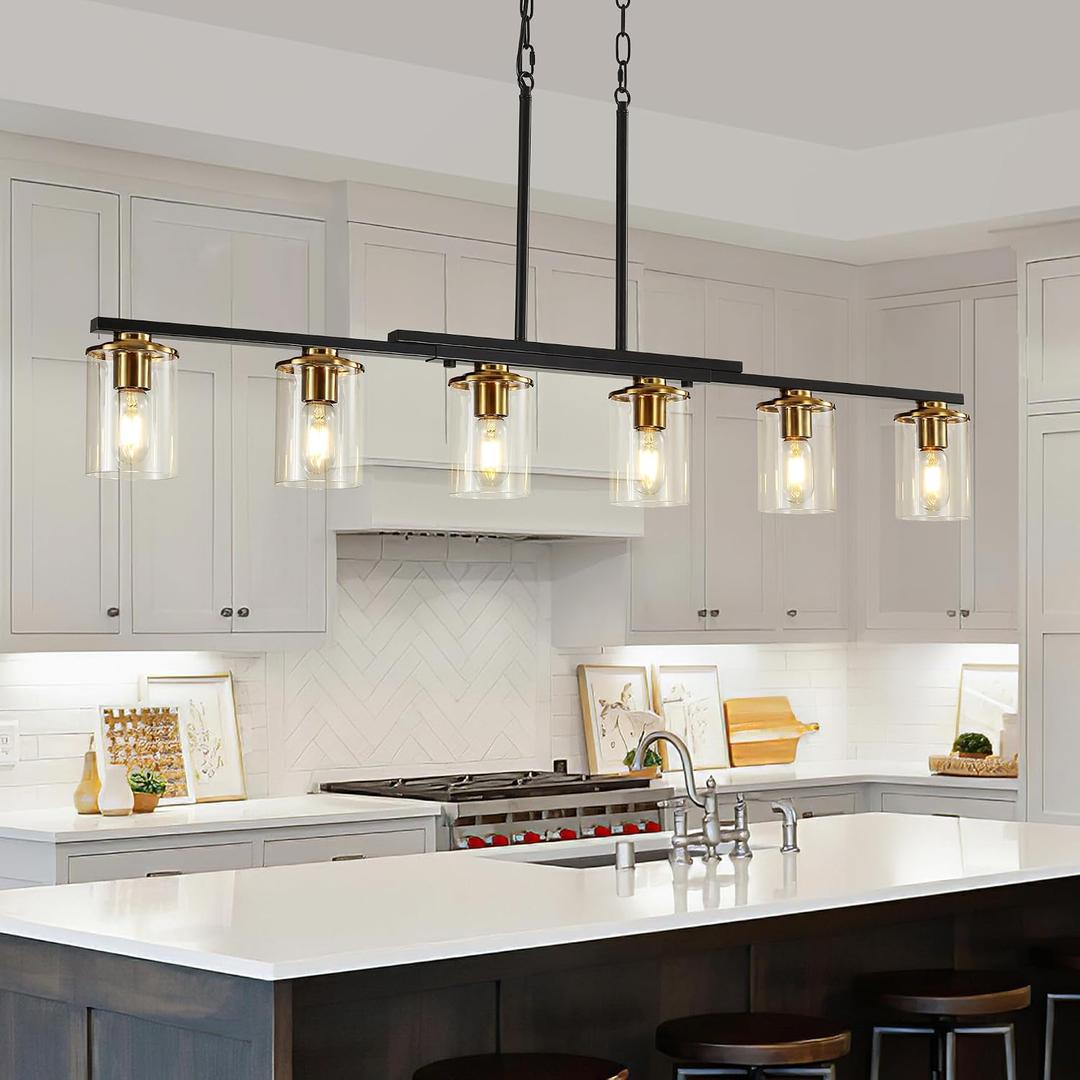6-Light Kitchen Island Lighting,Dining Room Lights Modern Farmhouse Chandelier with Clear Glass Shade,Modern Rustic Black and Gold Metal Chandelier, Kitchen Pendant Light Fixtures Over Table