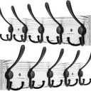 Kuhome 2pcs Coat Rack Wall Mount Wooden Hat Rack for Wall Hooks Pine Real Wood Plank 16.9" Old White Coat Hanger with 5 Black Triple Hooks for Hanging Coat Hat Jacket