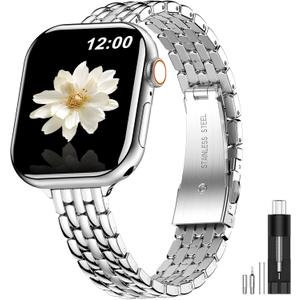 MioHHR Slim Metal Bands Compatible with Apple Watch Band 38mm 40mm 41mm 42mm (Series 10), Thin Chain Stainless Steel Strap Bands for Women iWatch Series 10 9 8 7 6 5 4 SE 3 2 1, Silver