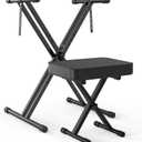 GLEAM Keyboard Stand and Bench Set, Double X Style Digital Piano Stand Height from 19" to 38", Heavy Density Foam Padded Stool from 14" to 18" Black