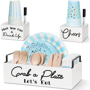 Paper Plate Holders with 2 Cup Holders and 2 Markers, Wood Utensil Holder for Party, Kitchen Paper Plate Dispenser for Counter, Disposable Plate Organizer, Silverware Holder for Cup, Plate, Napkin