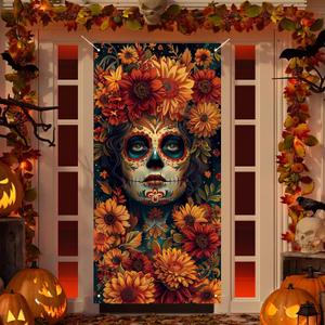 2 x Dia De Los Muertos Door Cover Day of The Dead Porch Sign Banner Gothic Halloween Sugar Skull Marigold Flowers Decorations and Supplies for Home