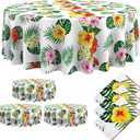 Oudain 3 Pcs Hawaiian Tablecloth 84 Inch Tropical Palm Leaves Flower Round Table Cloth Plastic Disposable Floral Circular Luau Tablecloth Waterproof Summer Table Cover for Beach Camping Picnic Party (White)