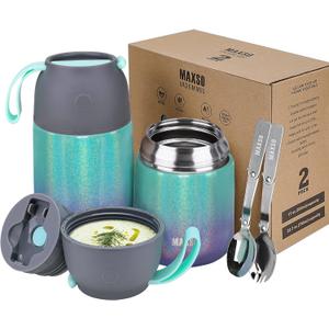 MAXSO 2 Pack Soup Thermo for Hot & Cold Food for Kids Adults, Vacuum Insulated Food Jar Thermal Lunch Containers, Travel Food Flask with Spoon (24 oz,17 oz) (Glitter Rainbow)