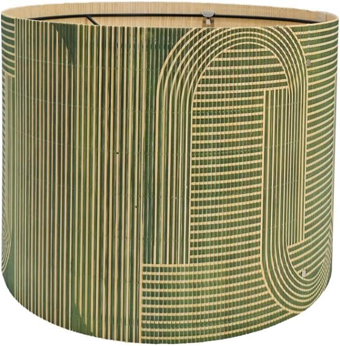 Rustic lamp Shade Bamboo with Decorative Green Geometric Figure Drum lamp shade for table lamps and floor lamps Ideal for Living Room Bedroom Easy Assemble Size 11.8 * 9.05Inch (Art Deco B)