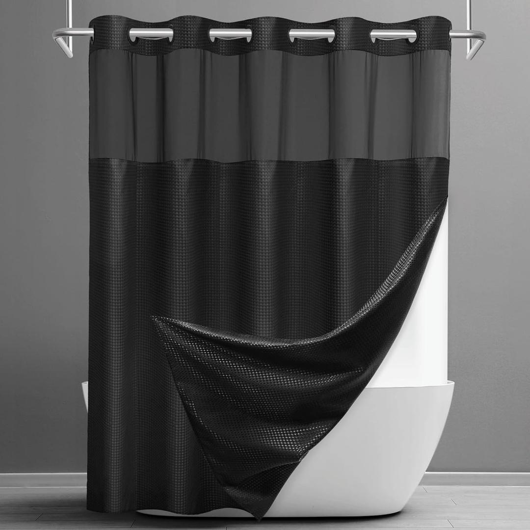 SORTTO No Hook Shower Curtain with Snap in Liner Set Waffle Shower Curtain for Bathroom Hotel Style Fabric Waterproof Inner Liner71" W x 74" H, Black