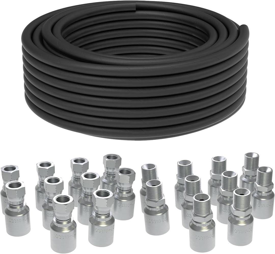 100 Ft 3/8 inch Hydraulic Hose with 20PCS 3/8" JIC 37 Female & NPTF Male Hydraulic Hose Fittings, Hydraulic Oil Flexible Hose -20 to 140 Coiled W.P.7685PSI