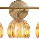 Bathroom Light Fixtures, 3-Light Brass Vanity Wall Light Over Mirror with Amber Tulip Glass Shade for Bedroom Living Room, 3 heads