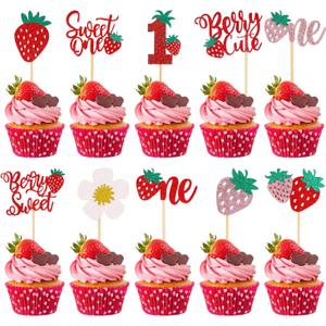 40 Pcs Sweet One Strawberr Cupcake Toppers, Glitter Berry Sweet 1st Birthday Strawberry Cupcake Picks, Birthday Party Cake Decorations Supplies for Fruit Theme