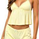 XBTCLXEBCO Lace Pajama Sets for Women 2 Piece Sexy Sleeveless Cami Tank Top and Shorts Pj Set Y2K Matching Lounge Sleepwear (Yellow, M)