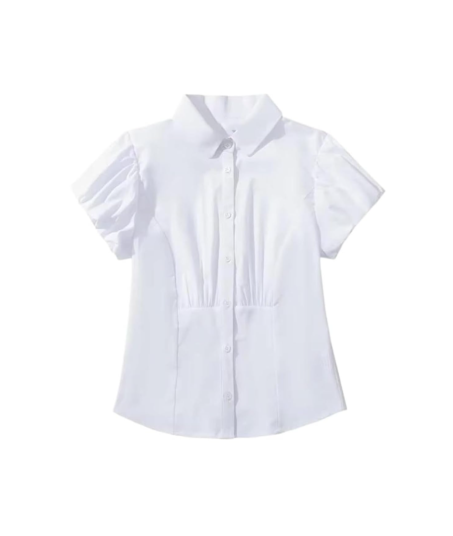 2024 Sexy White Ruched Slim Waist Short Puff Sleeve Shirt Women Lapel Front Open Buttons Crop Tops Blouses, Small