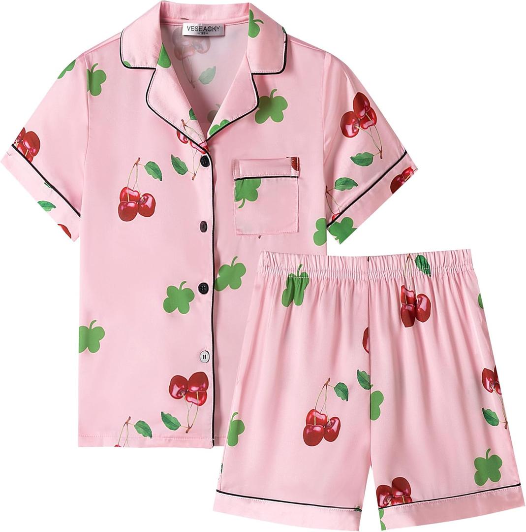 Veseacky Luxurious Kids Satin Pajama Button Down Short Sleeve Nightwear Classic Solid 2 Piece Pj Set(Pink Cherry,130) (Pink)