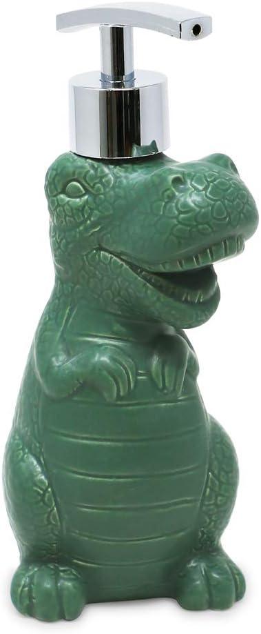 Isaac Jacobs Green Ceramic Dinosaur, Liquid Soap Pump/Lotion Dispenser with Chrome Metal Pump (Holds Up to 12 Oz.)  Great for Bathroom, Kitchen Countertop, Bath Accessory (Green)