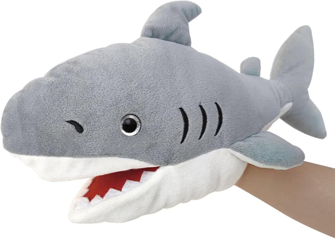 JUSTQUNSEEN Shark Hand Puppet Realistic Plush Puppet 13", Puppets for Kids Ocean Animal Hand Puppet with Moveable Mouth,Soft Stuffed Shar k Puppet Story Toys Shark Puppets Role Play Teaching Gift