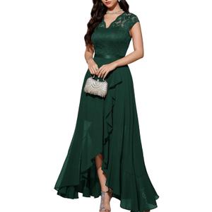 Bbonlinedress Women's V-Neck Dress for Women Wedding Guest Hi-Lo Floral Lace Prom Cocktail Party Formal Bridesmaid Dress (Medium, Dark Green)