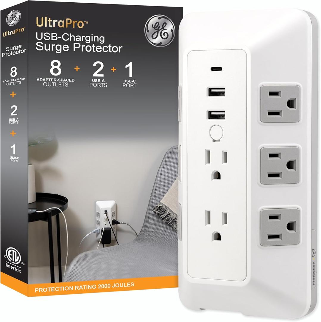 GE 8-Outlet Surge Protector with USB, Outlet Extender, 2 USB-A, 1 USB-C, Adapter Spaced, Multi Plug, Charging Station, for Home School and Office, 2000 Joules, White/Gray - 73654
