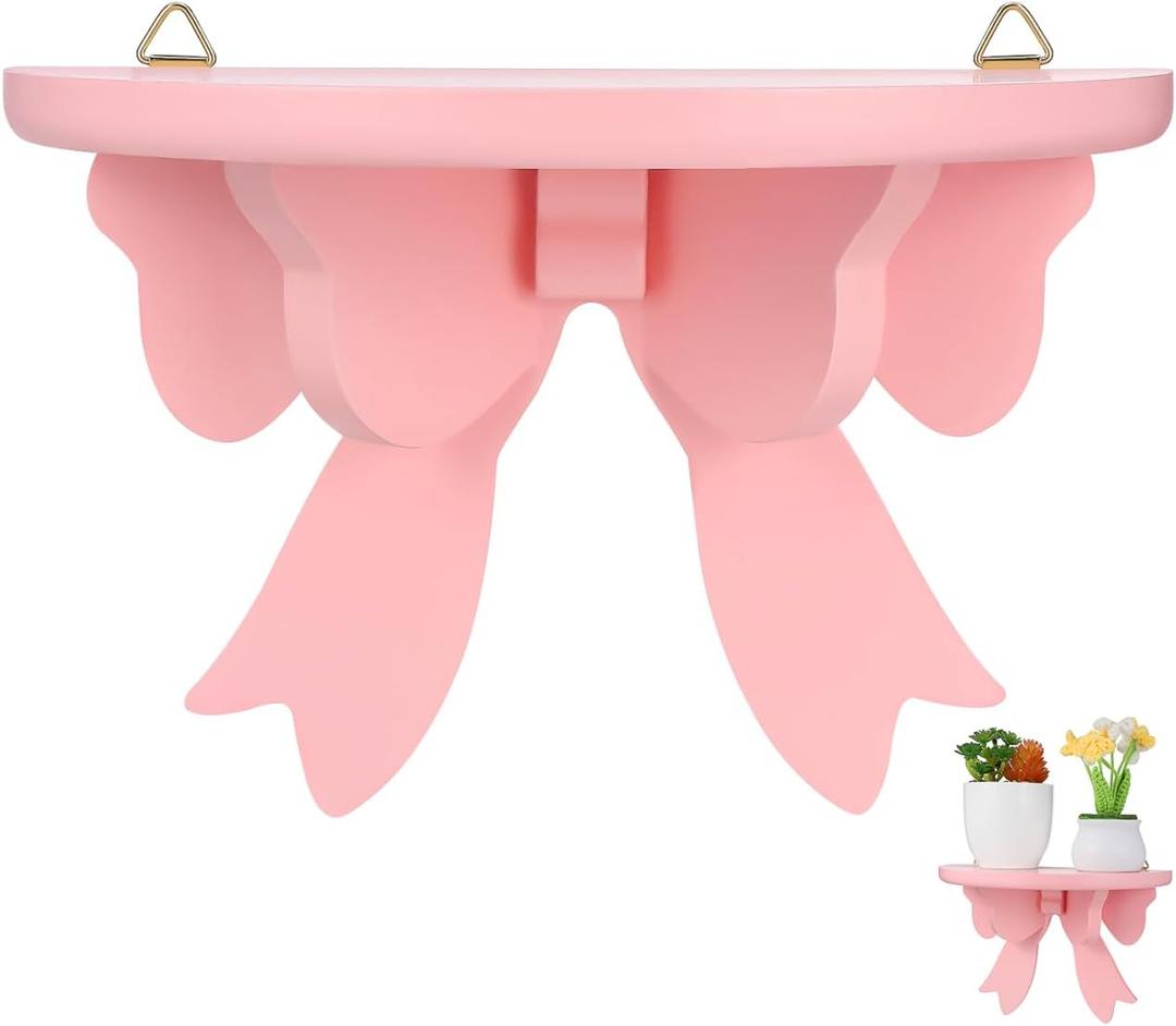 DOITOOL Wood Floating Shelves Bow Shelf Pink Wall Shelf Kawaii Room Decor Nordic Style Decorative Small Wall Shelves for Bedroom, Living Room, Kitchen, Office (Pink)
