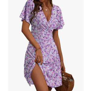 FENSACE Womens Sundress Summer Floral Short Sleeve Wrap V Neck A-Line Midi Dress, Small