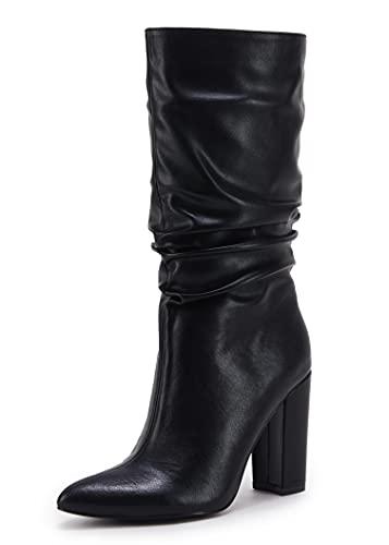 Syktkmx Womens Mid Calf Dress Boots Slouchy Pointed Toe Fall Winter Chunky Block High Heel Slip on Boots, 7
