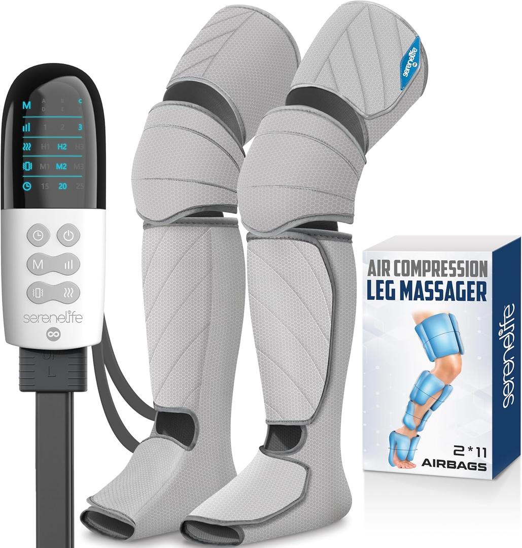SereneLife Air Compression Leg Massager, Full Leg Massager with Heat and Compression, Portable and Adjustable with 6 Modes, 3 Vibrations, 3 Intensities, 11 Airbags for Thigh, Calf, and Foot Massage (Gray)