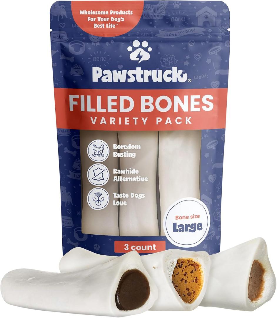 Pawstruck Large 5-6 Filled Dog Bones Variety Pack - Peanut Butter, Cheese & Bacon, Beef Flavors - Made in USA, Long Lasting Stuffed Femur Treat for Aggressive Chewers - Pack of 3, Packaging May Vary (EXP 04/28/28)