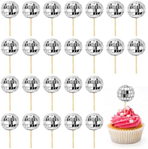 Soelomu 24 Pcs Disco Ball Cupcake Toppers, Mini Disco Ball Cake Picks Birthday Cake Decorations for 1970s Disco Theme Party Favor