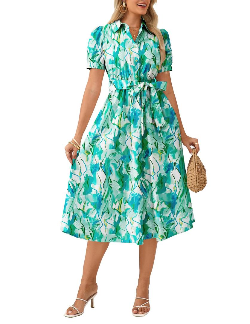 GRACE KARIN Womens Summer Floral Wedding Guest Dress 2026 Cotton Puff Short Sleeve Midi Shirt Dress Flowy Boho Sundresses with Pockets Belt Blue Green S