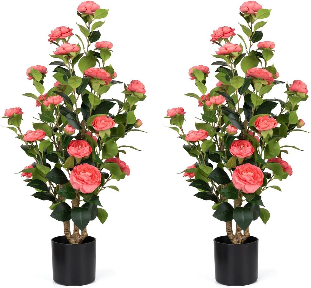Romantic Season 2Pack Artificial Camellia Tree 3FT, Pink Faux Camellia Plant Fake Potted Camellia Flower Tree Plastic Camellia Tree for Modern Home Office Living Room Floor Dcor Indoor