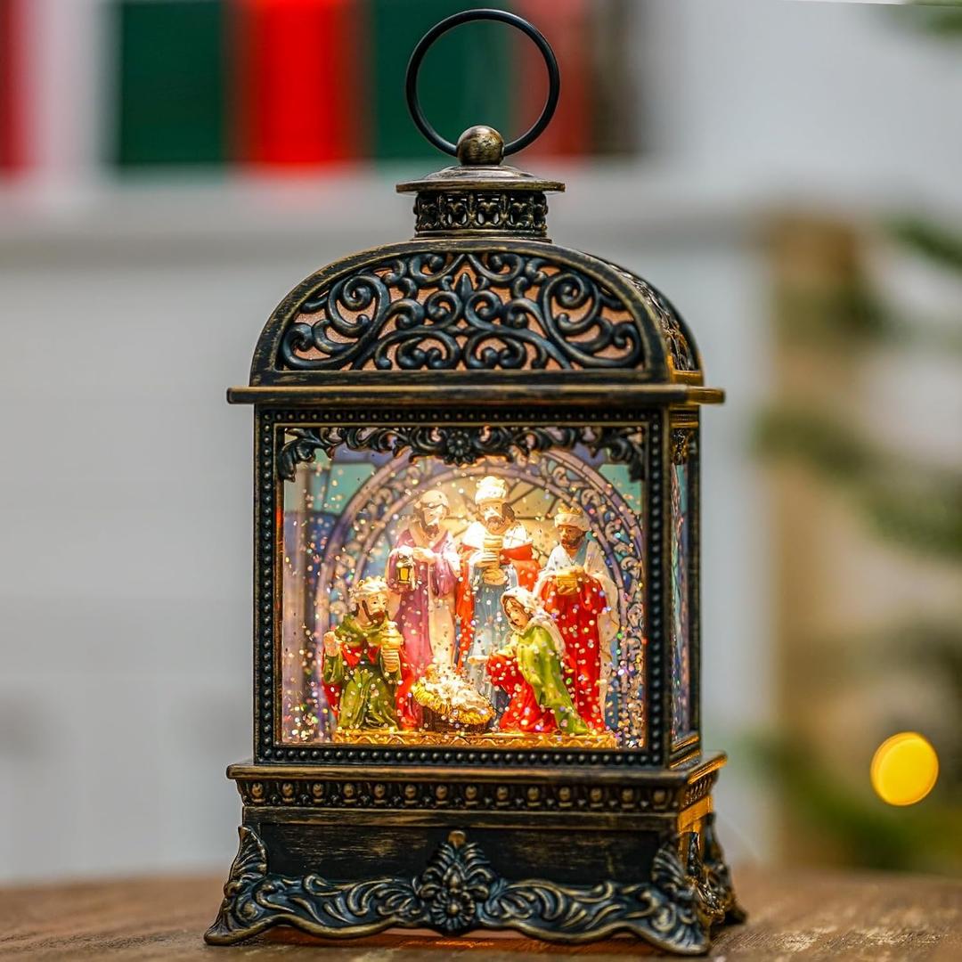 Christmas Snow Globes, Manger Snowflake Ball Adoration of The Magi Nativity Scene, Silent Night Music Water Lantern, Holiday Decorations Gifts for Family, Children or Friends (10.125'' Nativity)