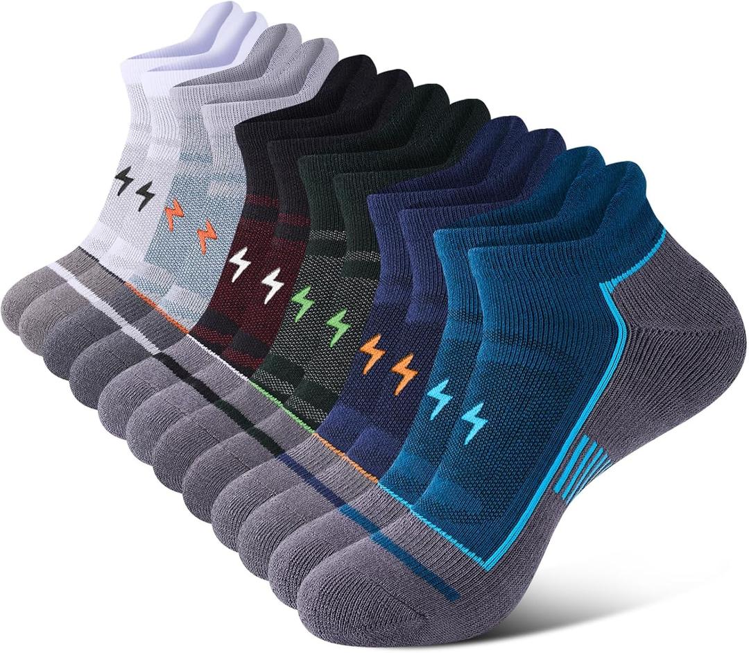 Mens Ankle Running Socks, Athletic Cushioned Low Cut Moisture Wicking Cotton Short Sports Socks, 6 Pairs (9-12, Multicolor)