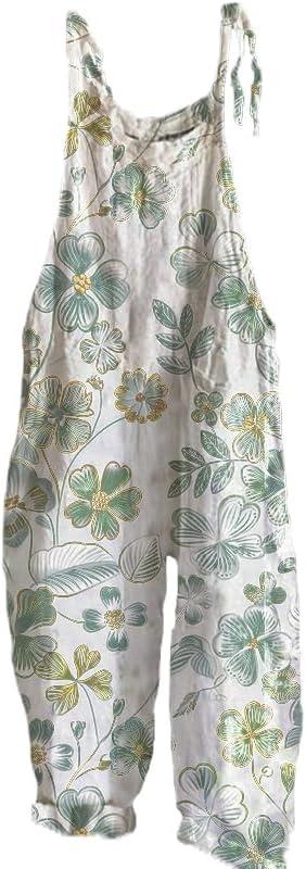 MARSVOVO Floral Printed Bohemian Jumpsuits for Women Sleeveless Spaghetti Strap Rompers Wide Leg Bib Overall with Pockets (Large)
