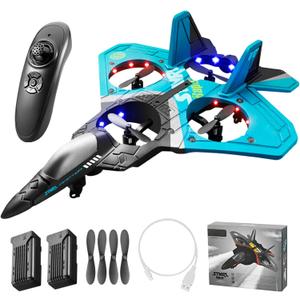 V17 Remote Control Airplane Foam RC Planes for Kids Adults 8-16, RC Fighter Jet Airplane with Light, 2 Batteries, 360° Flip Fighter Jet Toy, Stunt Roll, Gifts for Adult Boys (Blue with 2Batteries)