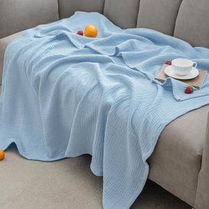 PHF 100% Cotton Muslin Blanket Queen Size 90"x90", 4-Layer Lightweight Gauze Throw, Breathable Cloud-Soft Minimalist Blanket for Bed, Couch, Camping & Baby, Sky Blue, Ideal Gift