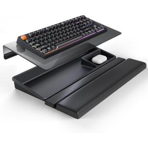 3 in 1 Keyboard Stand w/Wrist Rest and Storage Tray - Klearlook [Ultra Comfortable] PU Leather Wrist Pad & Acrylic Keyboard Riser, 16.9x7.3 inch Tilt Adjustable Computer Keyboard Stand Holder-Black