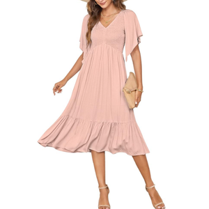 PYGFEMR Women's Summer Empire Waist Dress Smocked Flutter Short Sleeve V Neck Midi Dresses, XL