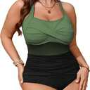 SCOMCHIC Women Plus Size One Piece Swimsuit Tummy Control Bathing Suit Color Block Ruched Swim Suits Swimwear (XX-Large Plus, Green and Black)